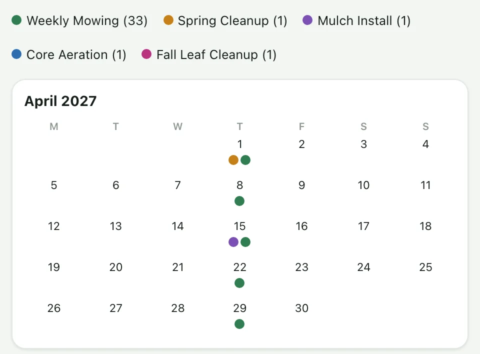 April on a client's season calendar: weekly mowing every Thursday, spring cleanup on April 1 and mulch on April 15, with the season's other services listed above.