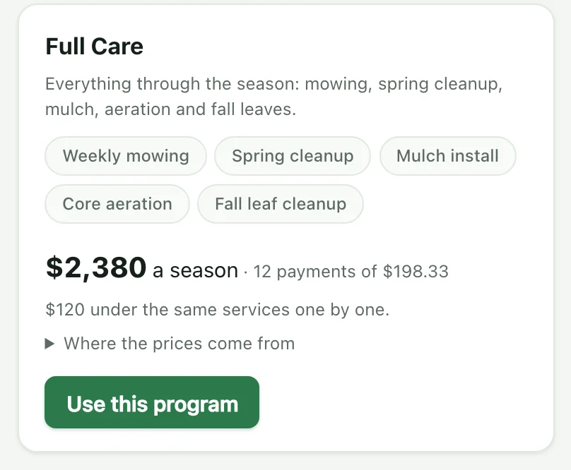 The ready-made Full Care program: five services for $2,380 a season, 12 payments of $198.33, $120 under the same services one by one.
