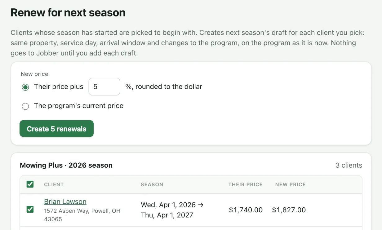 Renewing clients for next season at their price plus 5%, with each client's current and new price.